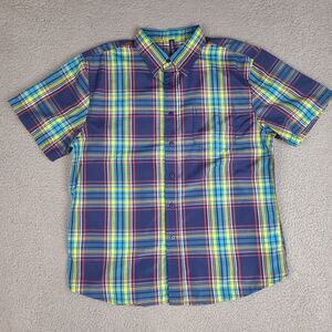 True Rock Shirt Mens XXL Blue Plaid Button Down Short‎ Sleeve Cotton Preppy